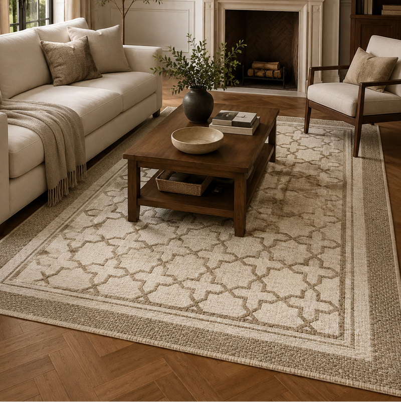 Tapis salon élégant motifs géométriques beige et taupe – Maélio