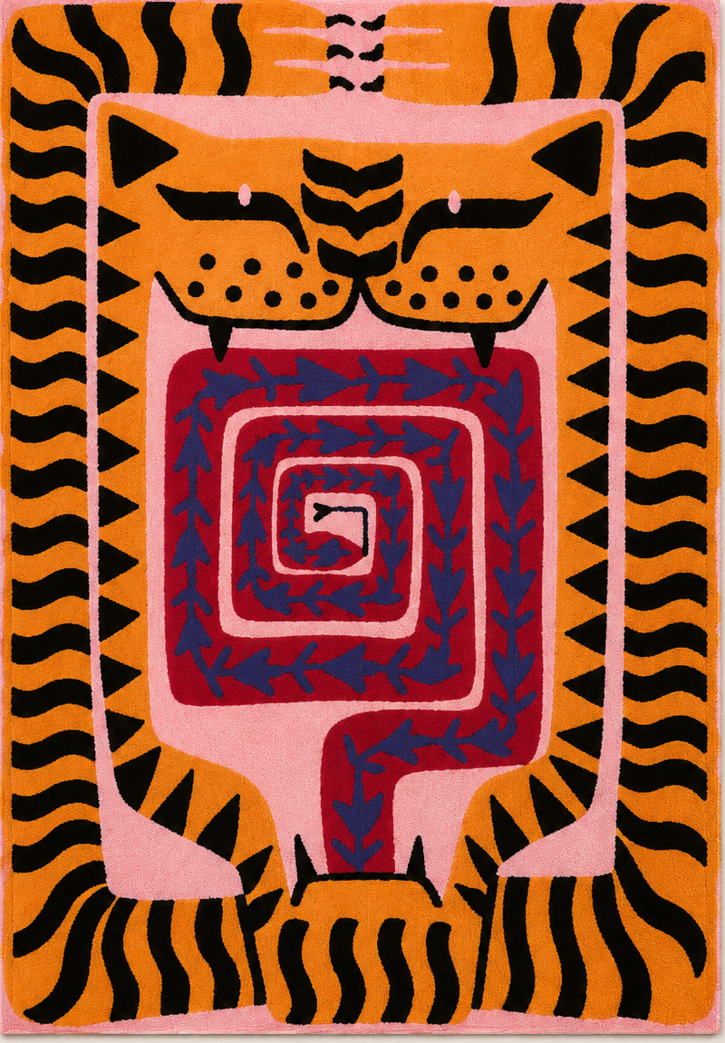 Tapis salon moderne motif tigre graphique orange, noir, rose et bleu profond – Tora