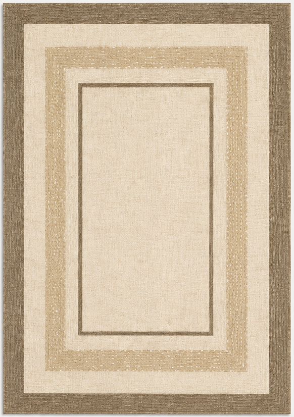 Tapis salon naturel bordures géométriques beige et taupe – Elvéo