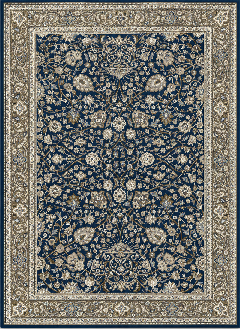 Tapis salon moderne motifs orientaux floraux bleu marine, beige et taupe – Isfahan