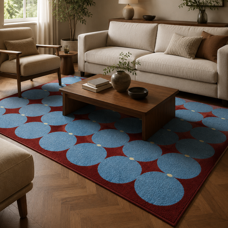 Tapis salon moderne motifs cercles graphiques bleu ciel, bordeaux et beige clair – Nilo