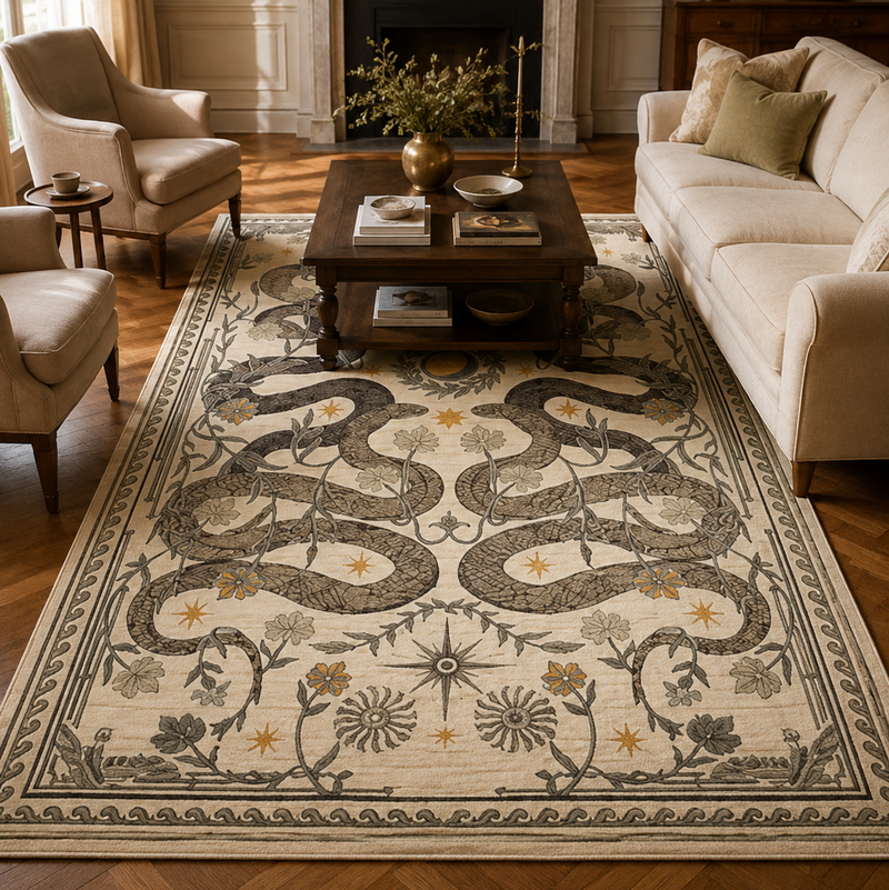 Tapis salon moderne serpents symétriques et astres écru, brun, beige et ocre doré – Solara