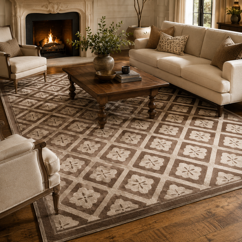 Tapis salon moderne motifs losanges floraux taupe et beige clair – Alba