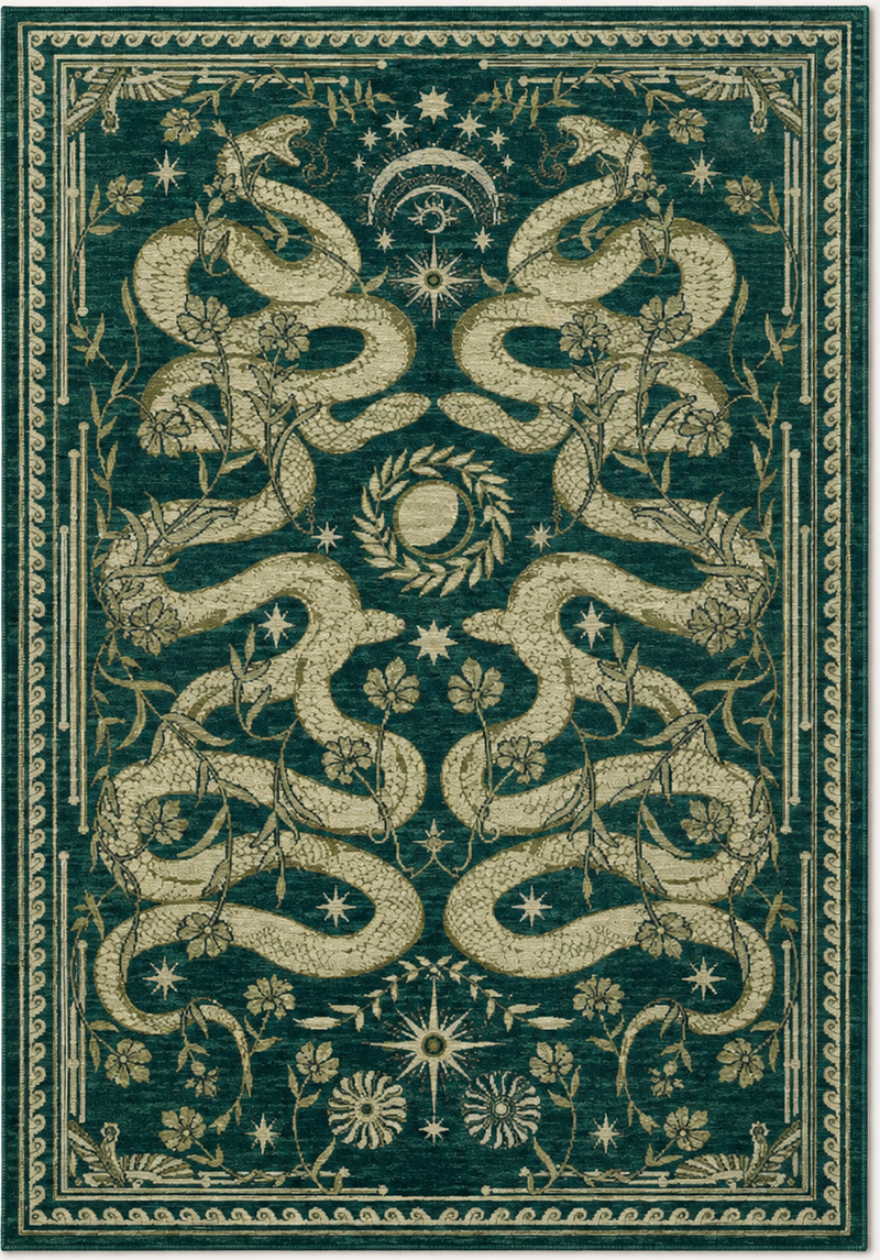 Tapis salon moderne serpents et symboles célestes vert profond, beige doré et écru – Éclipse