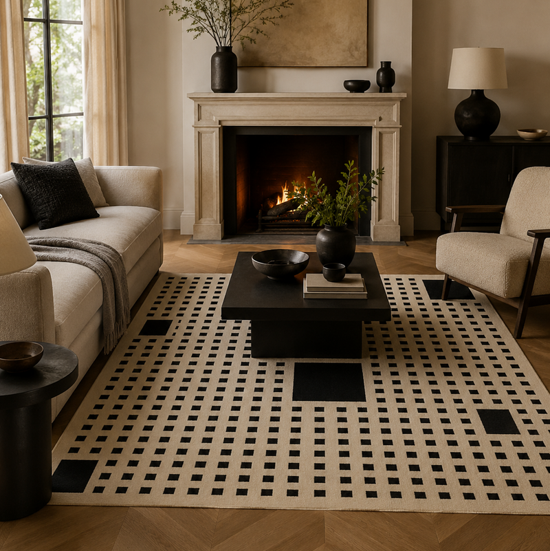 Tapis salon moderne motif quadrillé minimaliste écru et noir – Pixel