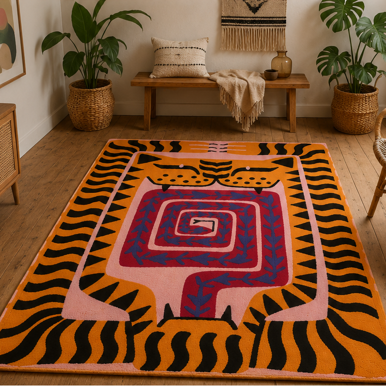 Tapis salon moderne motif tigre graphique orange, noir, rose et bleu profond – Tora