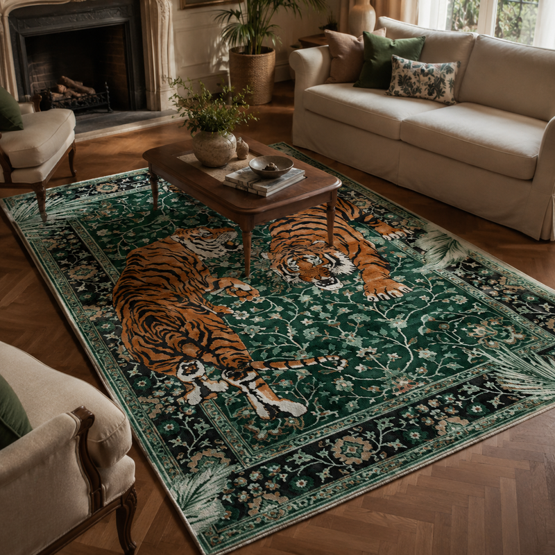 Tapis salon moderne motif tigres majestueux vert émeraude, orange, noir et beige – Rajah