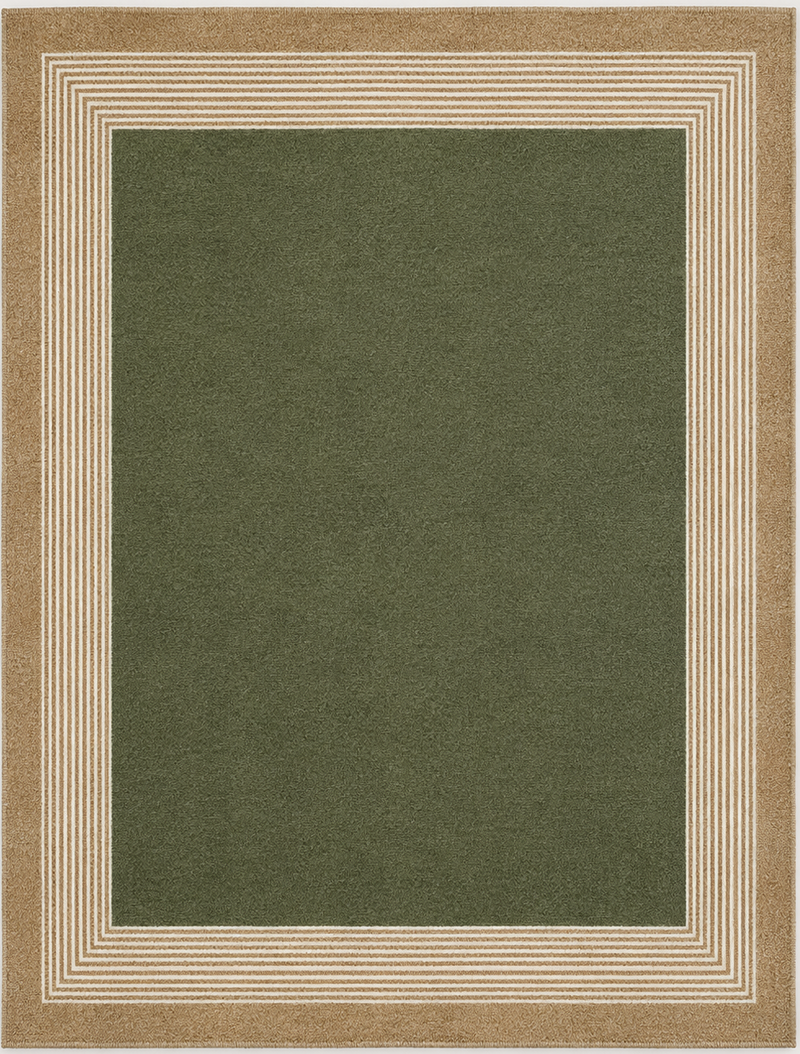 Tapis salon moderne centre uni et bordure graphique vert olive, beige et écru – Olive