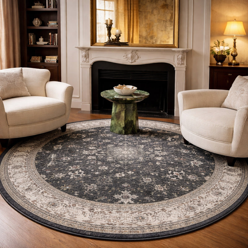 Tapis salon rond moderne motifs géométriques anthracite, gris perle et crème – Oréna