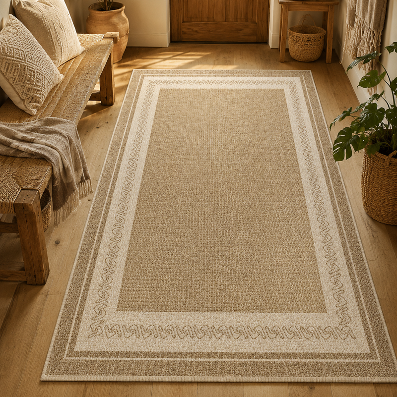 Tapis salon moderne effet tissé naturel et bordure graphique beige, écru et taupe – Sienna
