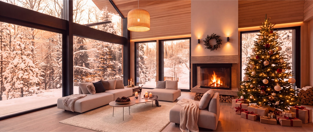 Salon chaleureux décoré pour Noël avec un grand tapis crème