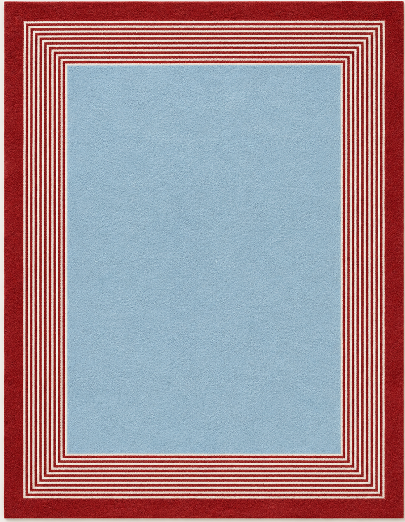 Tapis salon moderne centre bleu ciel et bordure rayée rouge, blanc et bleu – Riviera