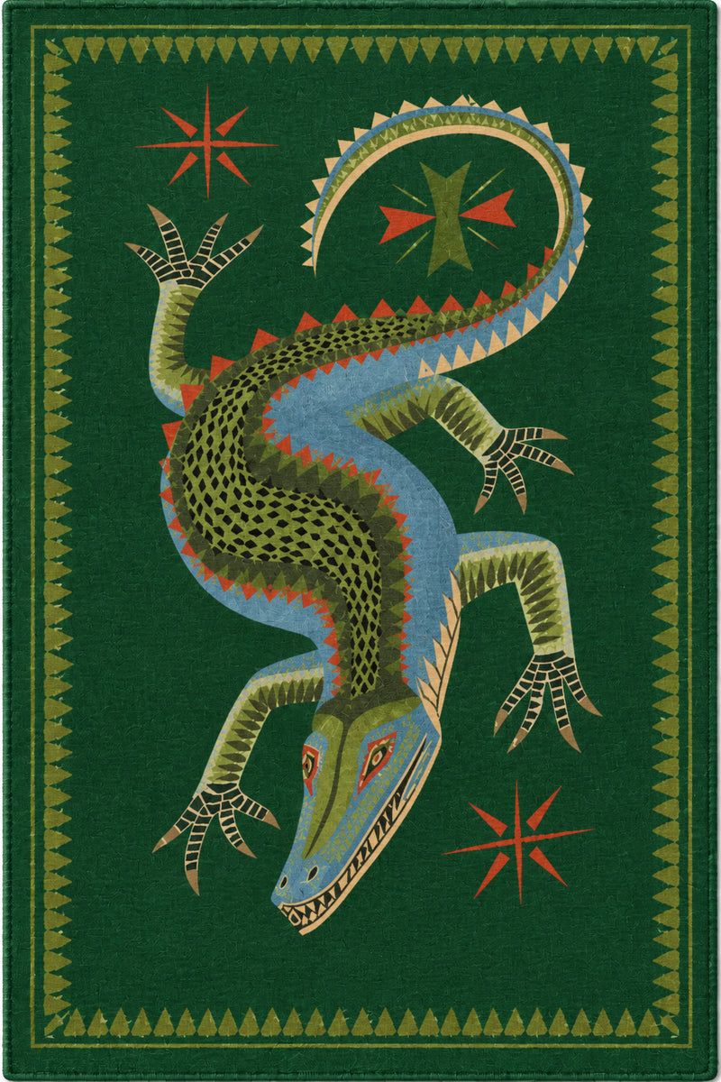 Tapis salon moderne motif crocodile illustré vert émeraude, bleu, olive et terracotta – Croco