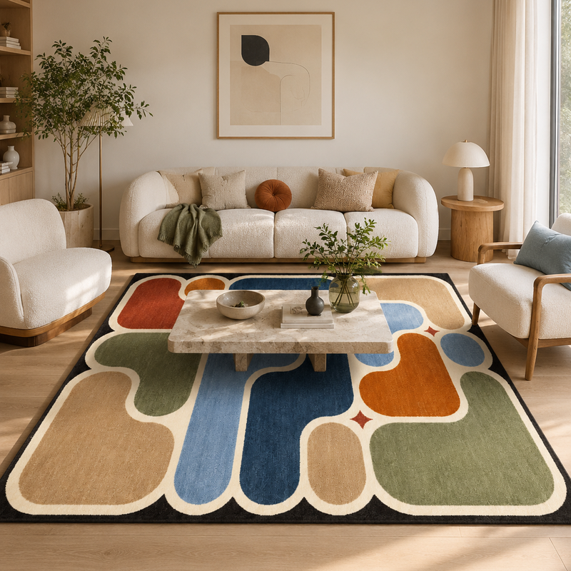 Tapis salon vintage formes abstraites rétro terracotta, bleu nuit, bleu ciel, vert sauge et beige – Alma