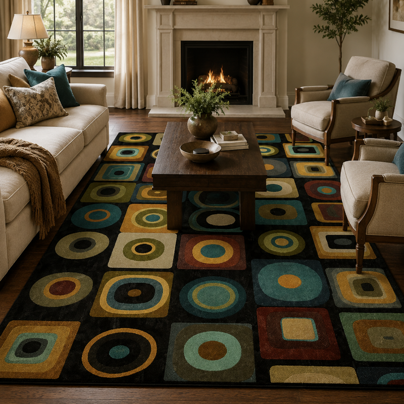 Tapis salon vintage motifs géométriques rétro noir, bleu canard, ocre, vert olive et terracotta – Orion
