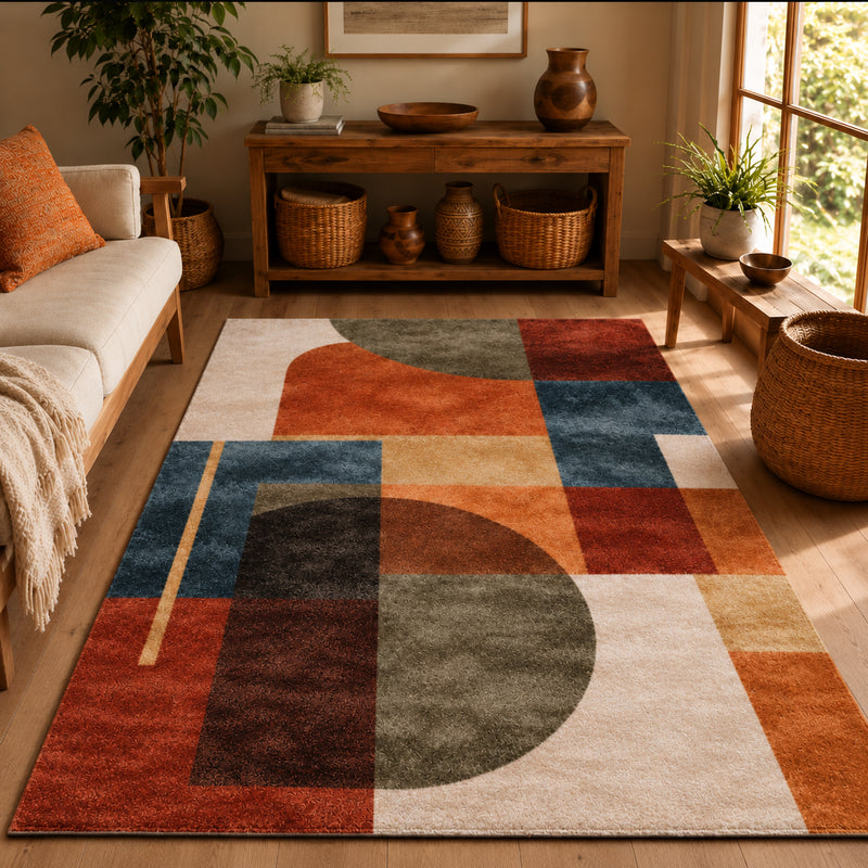 Tapis salon moderne motifs géométriques abstraits terracotta, bleu profond, beige et vert kaki – Miro