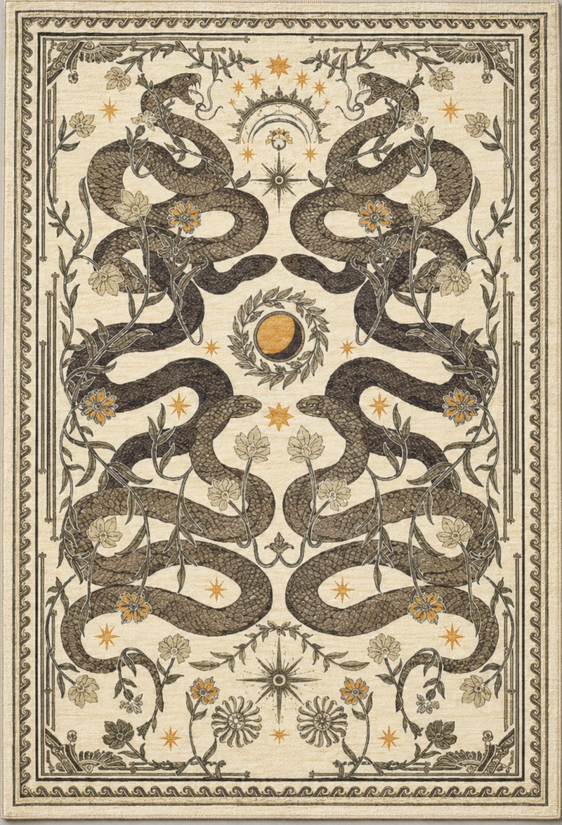 Tapis salon moderne serpents symétriques et astres écru, brun, beige et ocre doré – Solara