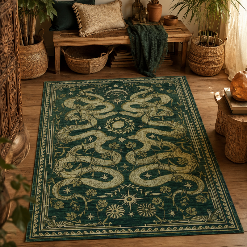 Tapis salon moderne serpents et symboles célestes vert profond, beige doré et écru – Éclipse