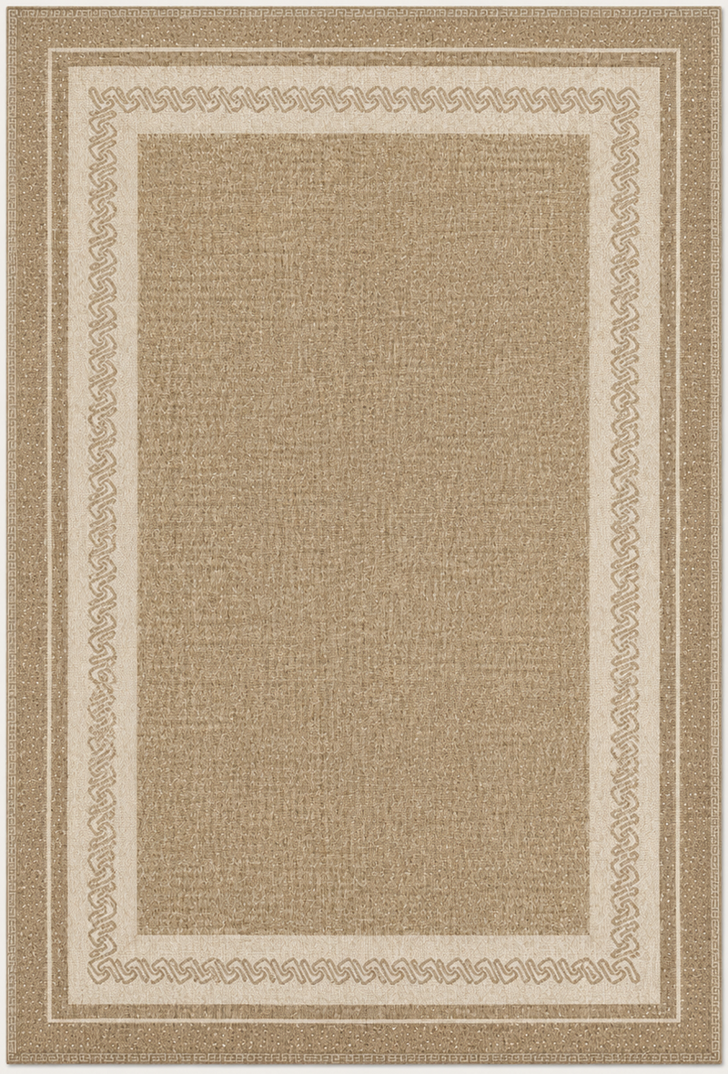 Tapis salon moderne effet tissé naturel et bordure graphique beige, écru et taupe – Sienna