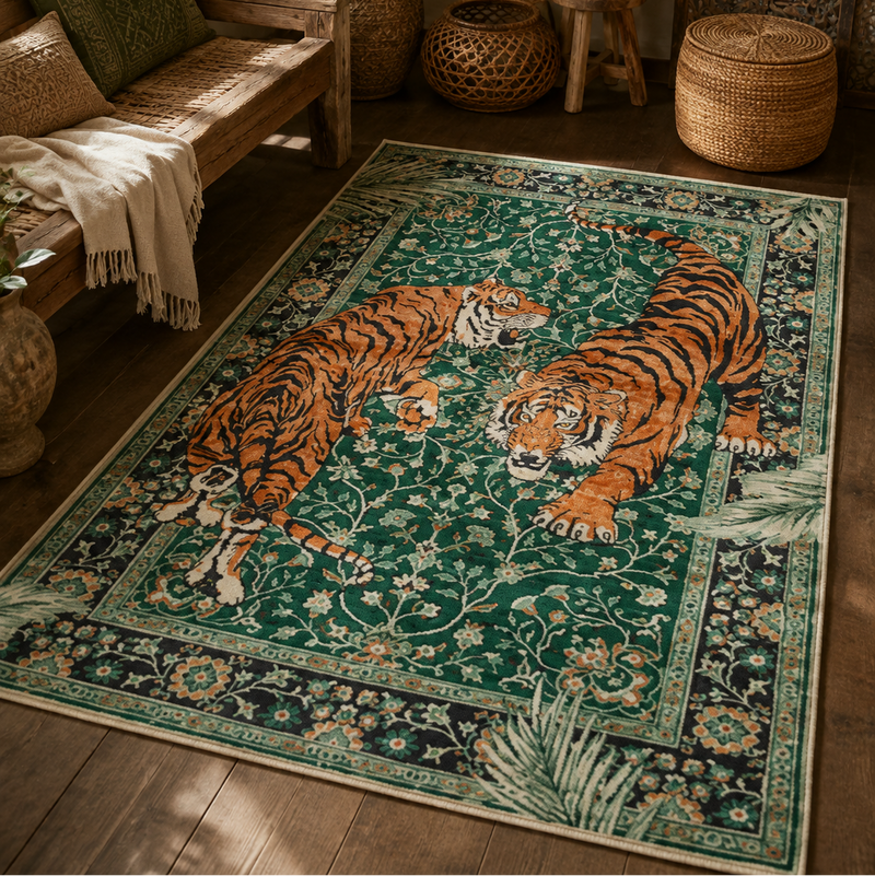 Tapis salon moderne duo de tigres vert émeraude, orange, noir et écru – Sherkan