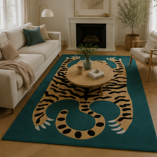 Tapis salon moderne motif tigre graphique bleu canard, beige doré, noir et blanc – Tigra