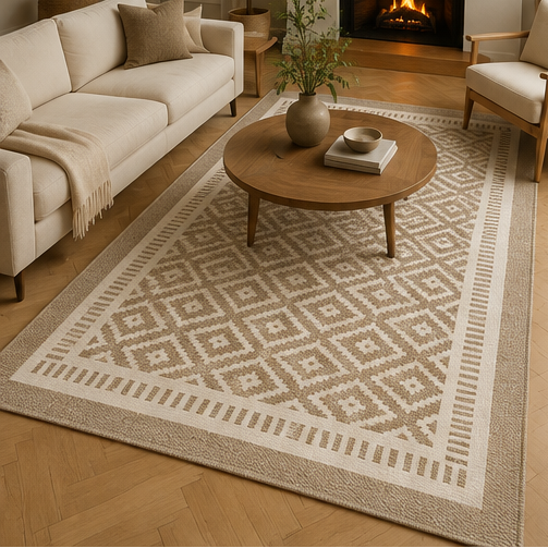 Tapis salon graphique motifs losanges beige et écru – Elvar