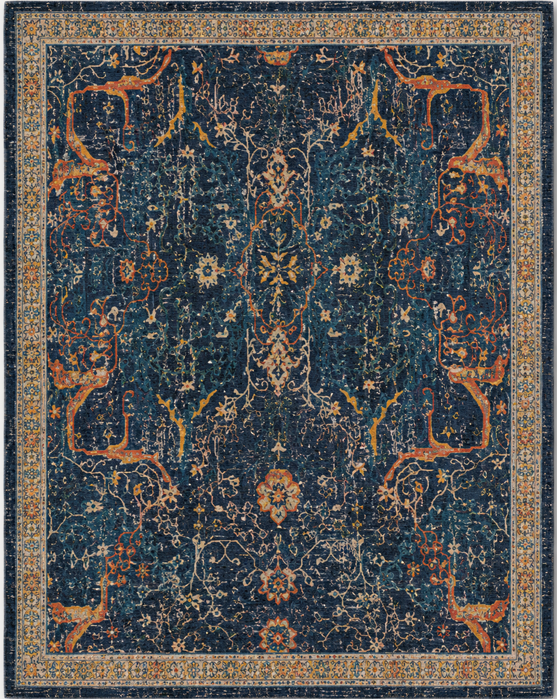 Tapis salon vintage motifs floraux vintage bleu nuit, terracotta, beige et ocre doré – Azara