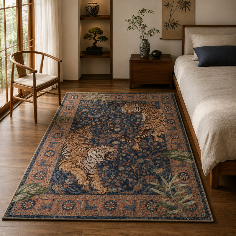 Tapis salon asiatique motifs tigres, fleurs et feuillages – Akira