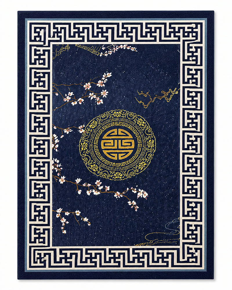 Tapis salon asiatique bleu nuit, médaillon doré et motifs floraux – Hanami