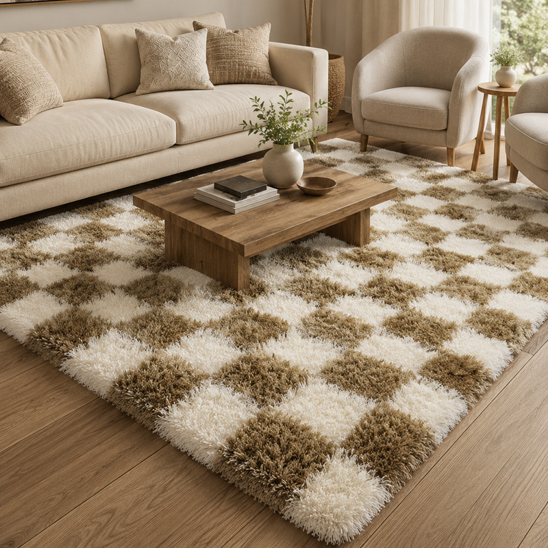 Tapis salon moderne damier moelleux écru et beige taupe – Dami