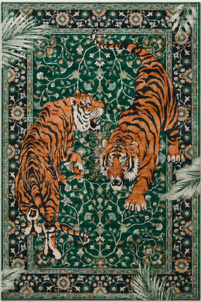 Tapis salon moderne motif tigres majestueux vert émeraude, orange, noir et beige – Rajah