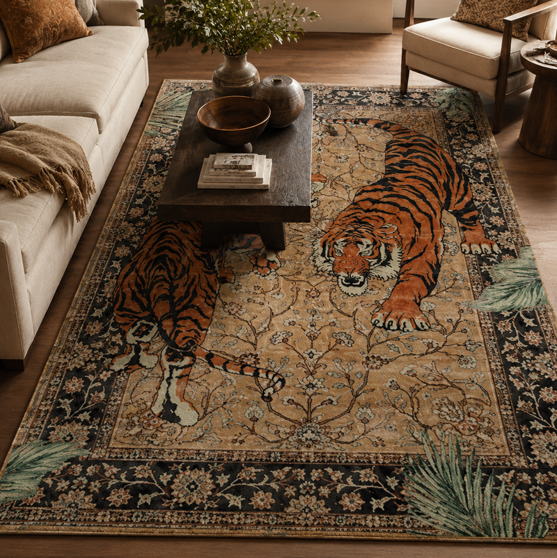 Tapis salon moderne duo de tigres beige sable, orange, noir et vert sauge – Rajah