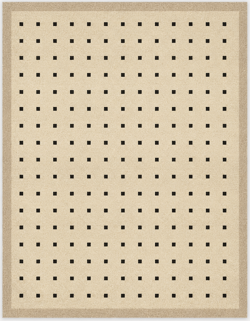 Tapis salon moderne motif à petits carrés beige clair, noir et bordure taupe – Lino