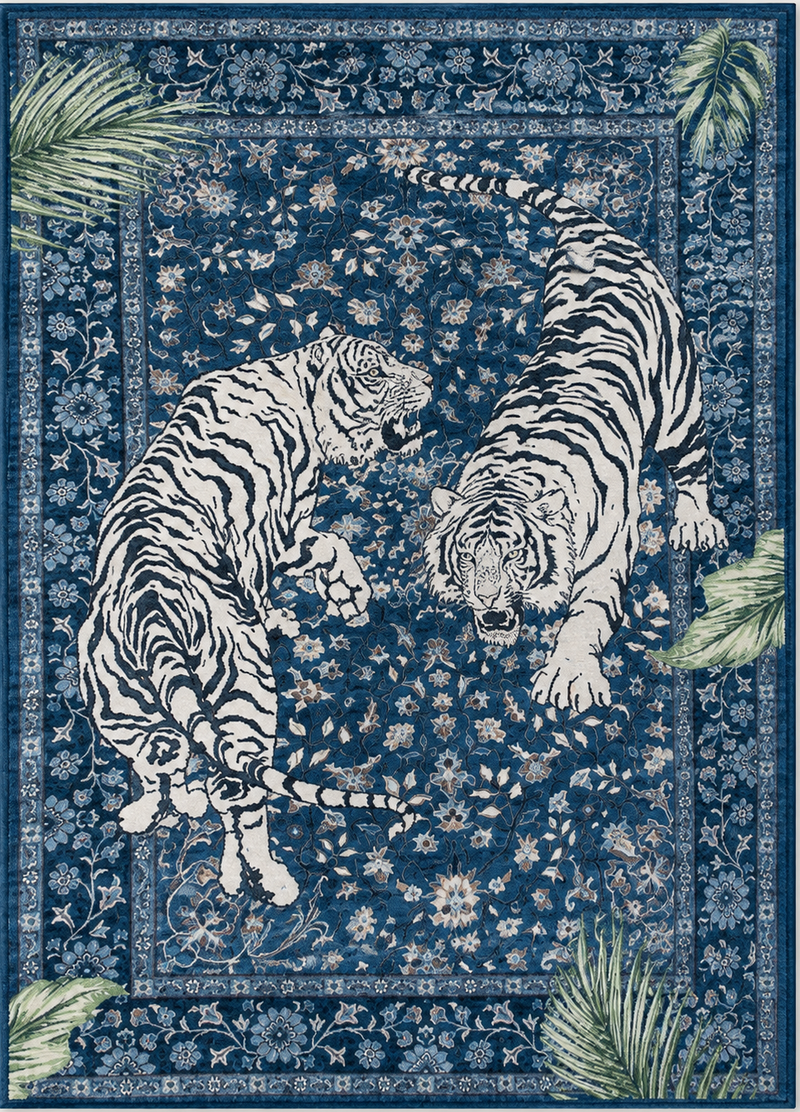 Tapis salon moderne duo de tigres blancs bleu profond, écru et vert feuillage – Bengal
