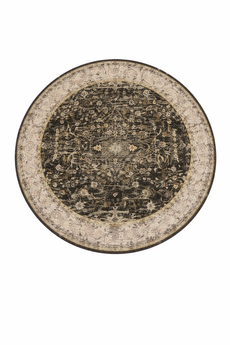 Tapis salon rond moderne motifs géométriques anthracite, gris perle et crème – Oréna
