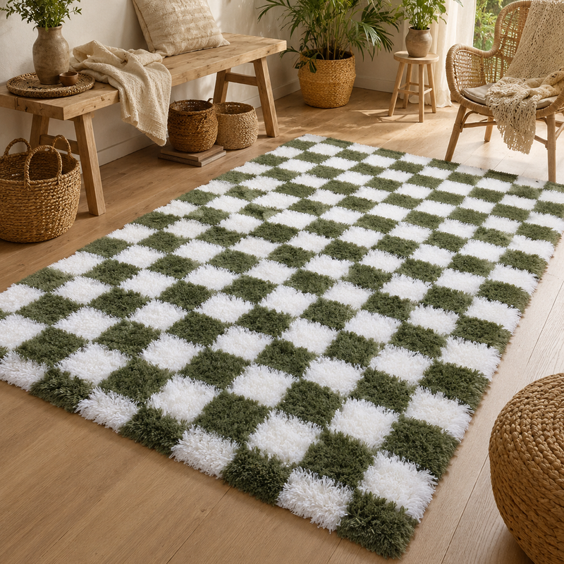 Tapis salon moderne damier moelleux vert sauge et blanc – Mila