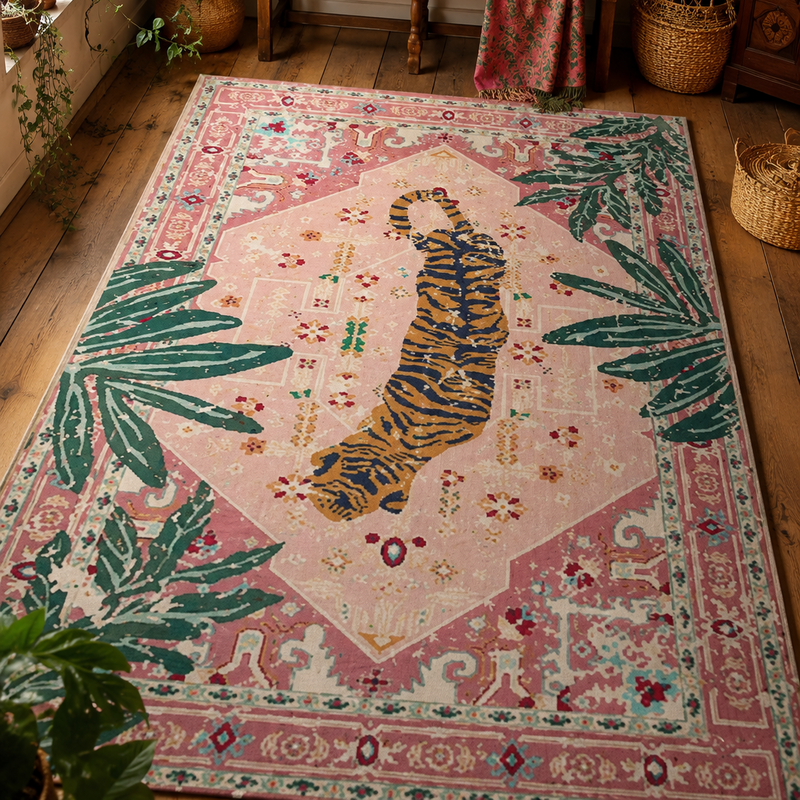 Tapis salon moderne motif tigre tropical rose poudré, vert palmier, orange et bleu nuit – Nala