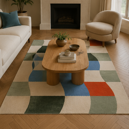 Tapis salon moderne motif ondulé géométrique écru, vert sauge, vert forêt, bleu ciel et terracotta – Ondine