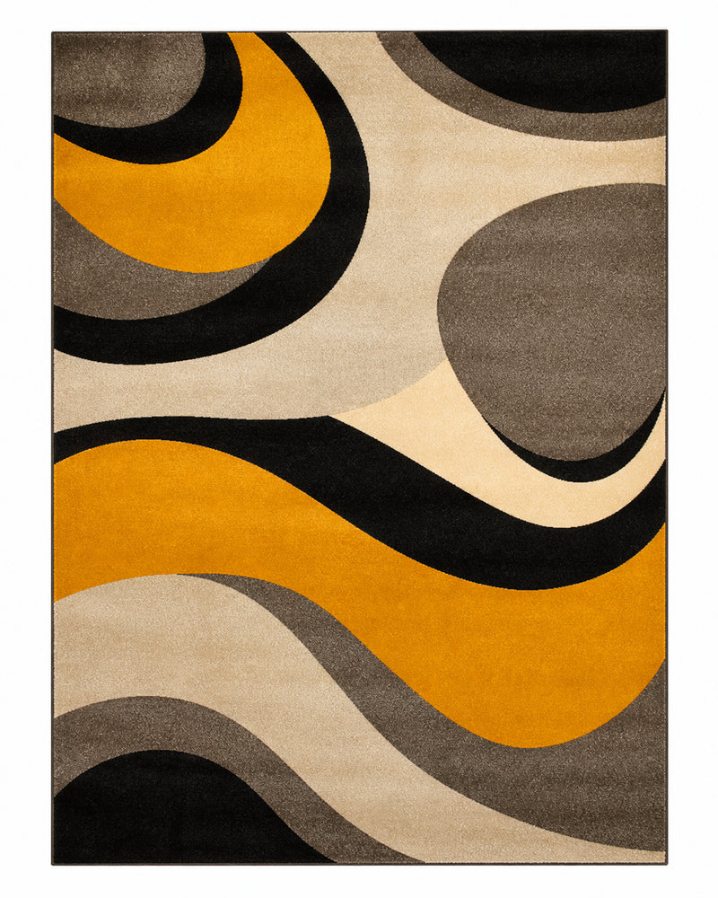 Tapis salon moderne motifs abstraits beige, noir et jaune moutarde – Solvane
