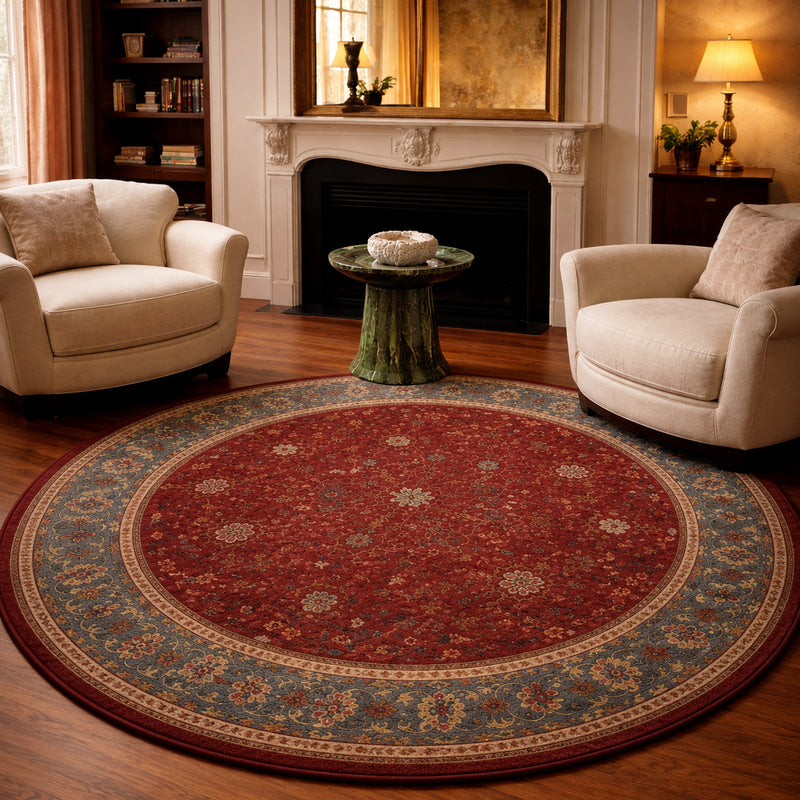 Tapis salon rond moderne rouge rubis bordure bleu ardoise et sable motifs graphiques – Sélima