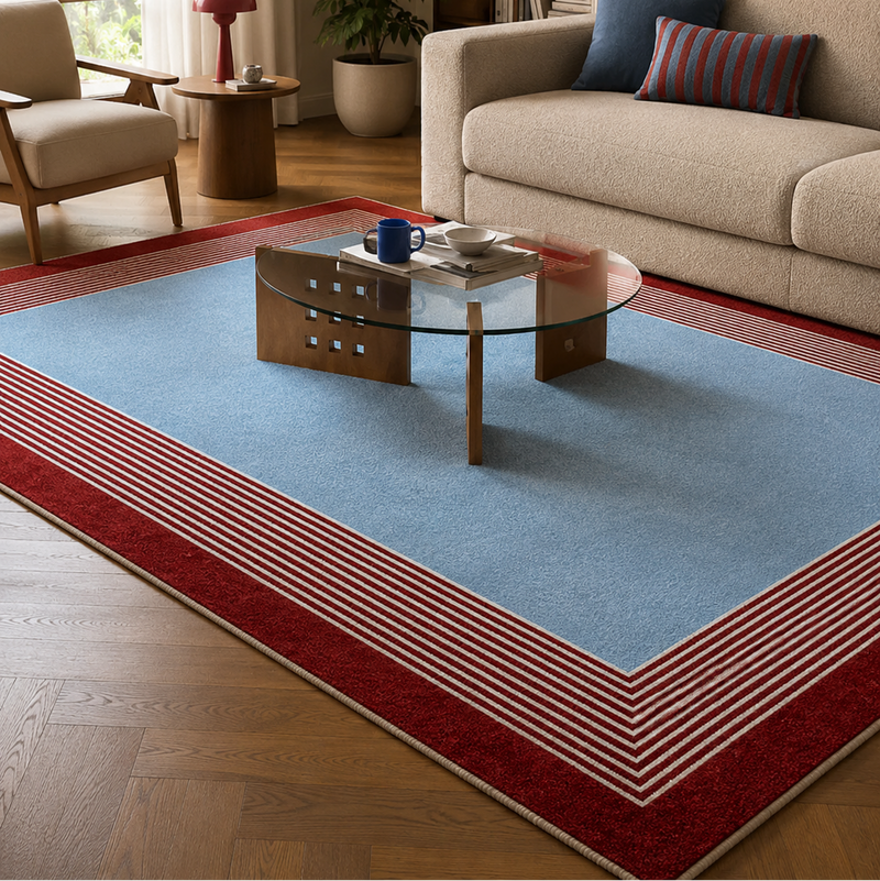 Tapis salon moderne centre bleu ciel et bordure rayée rouge, blanc et bleu – Riviera