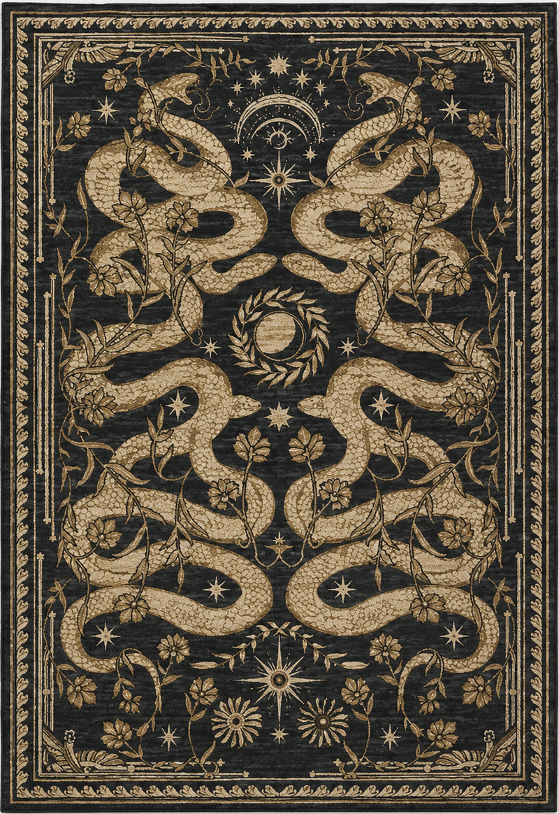 Tapis salon moderne serpents entrelacés et motifs célestes noir, beige doré et brun – Nyx