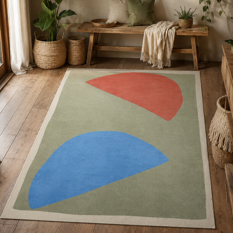 Tapis salon moderne formes abstraites vert sauge, bleu azur et terracotta – Lino