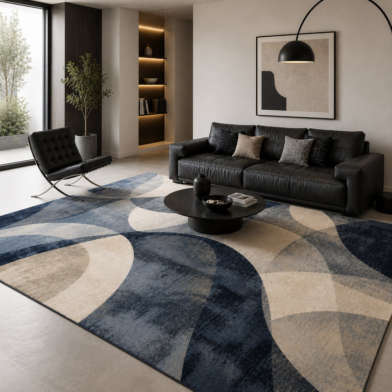 Tapis salon moderne motifs abstraits gris, crème et bleu profond – Éloria