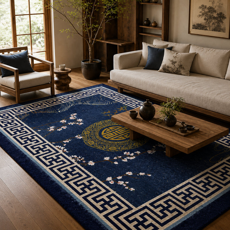 Tapis salon asiatique bleu nuit, médaillon doré et motifs floraux – Hanami