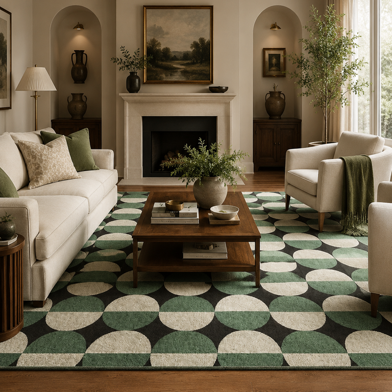 Tapis salon moderne motifs circulaires géométriques vert sauge, crème et noir profond – Verde