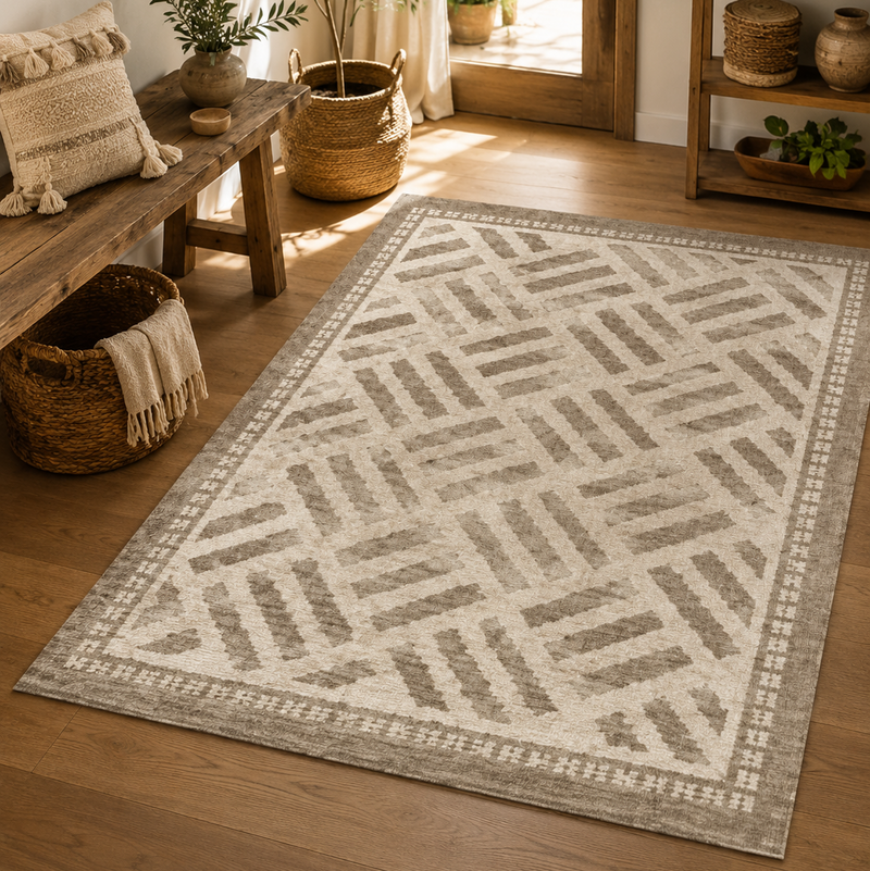 Tapis salon moderne motif géométrique texturé écru et beige taupe – Lino