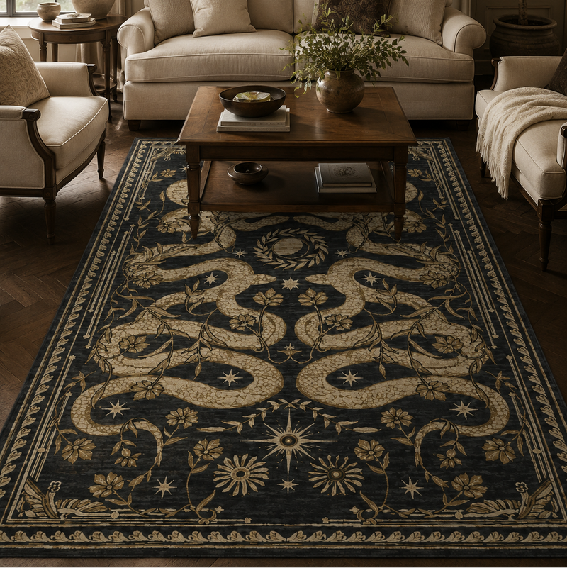 Tapis salon moderne serpents entrelacés et motifs célestes noir, beige doré et brun – Nyx