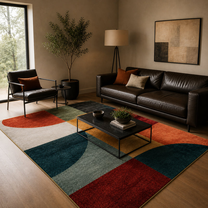 Tapis salon moderne motifs géométriques multicolores – Arvélio