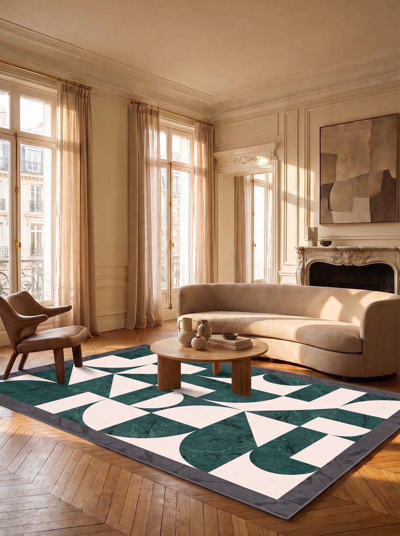 Tapis salon géométrique vert et crème – Sylva dans un salon